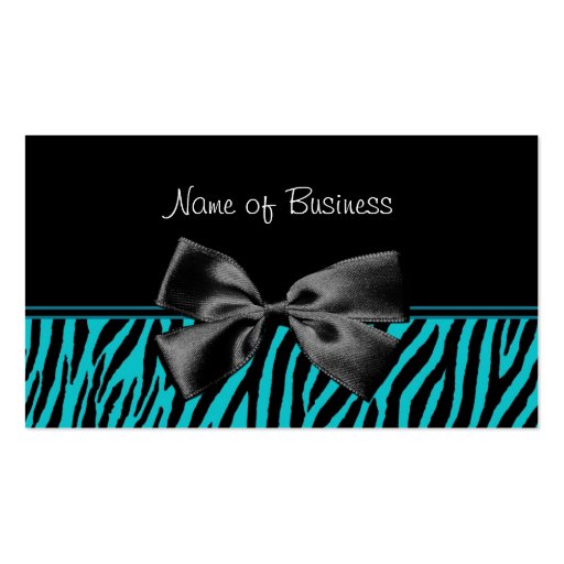 Trendy Black And Teal Zebra Print With Ribbon Business Card Templates (front side)