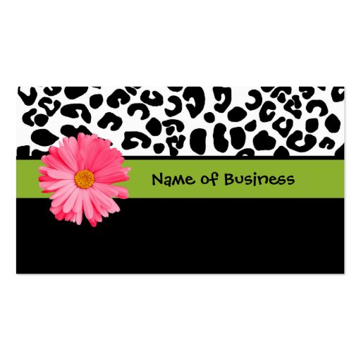 Trendy Black And White Leopard Print Pink Daisy Business Card (front side)