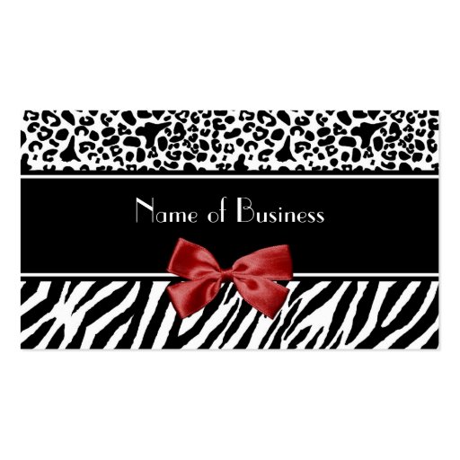 Trendy Black And White Leopard Zebra Red Ribbon Business Card Templates