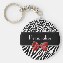 Trendy Black And White Leopard Zebra Red Ribbon Keychain