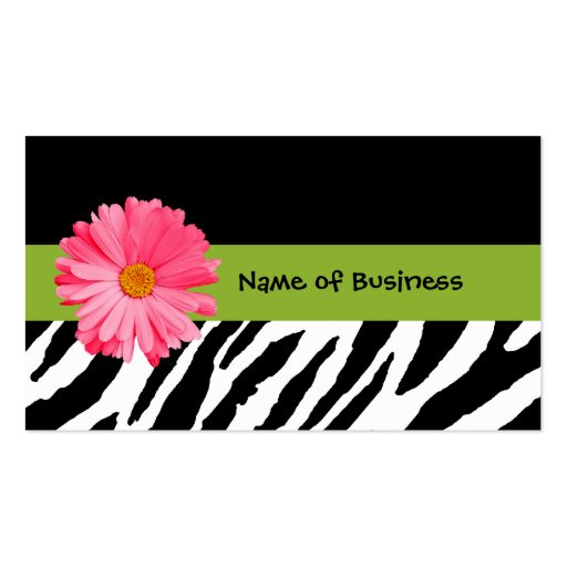 Trendy Black And White Zebra Print Pink Daisy Business Card Template (front side)
