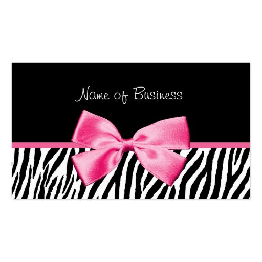 Trendy Black And White Zebra Print Pink Ribbon Business Card (front side)
