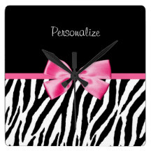 Trendy Black And White Zebra Print Pink Ribbon Clocks