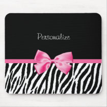 Trendy Black And White Zebra Print Pink Ribbon mousepads