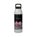 Trendy Black And White Zebra Print Pink Ribbon Reusable Water Bottles
