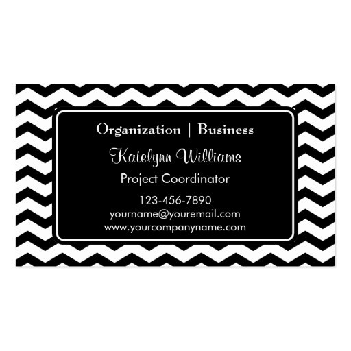 Trendy Black Chevron Zigzag Pattern Business Cards (front side)