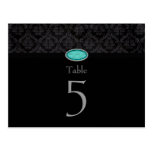 Trendy black damask aqua jewel wedding table card postcards