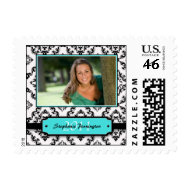 Trendy black damask graduation photo postage stamp stamp