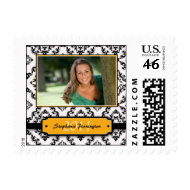 Trendy black damask graduation photo postage stamp stamp