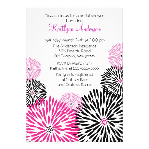 ... bridal shower invitation featuring big bold black and pink flowers