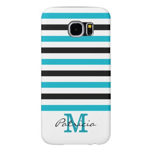 Trendy Blue,Black & White Stripes Custom Monogram Samsung Galaxy S6 Cases