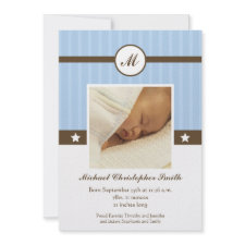Trendy blue boy's newborn photo announcement invitation