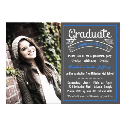Trendy Blue Chalkboard Typography Graduation Personalized Invite (front side)