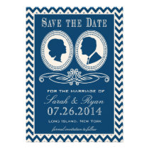 Trendy Blue Chevron & Script Save the Date invitations