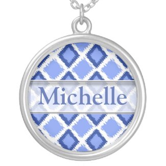 Trendy Blue Ikat Pattern With Custom Name Necklace