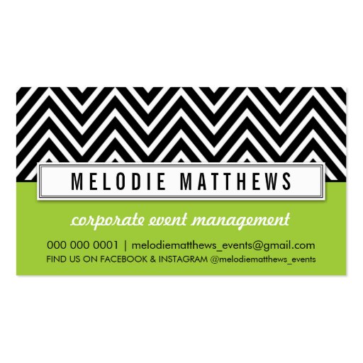 TRENDY bold chevron pattern panel black lime green Business Card Templates (front side)