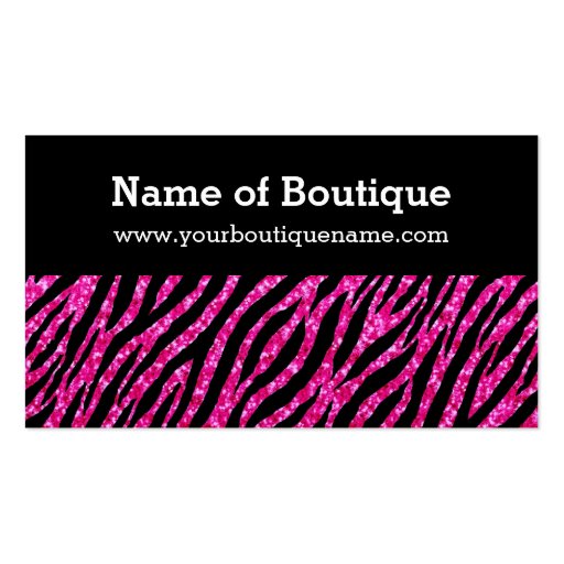 Trendy Boutique Hot Pink and Black Zebra Glitter Business Card Template (front side)