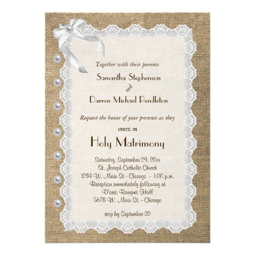 Trendy Burlap Lace And Pearls Wedding Invite