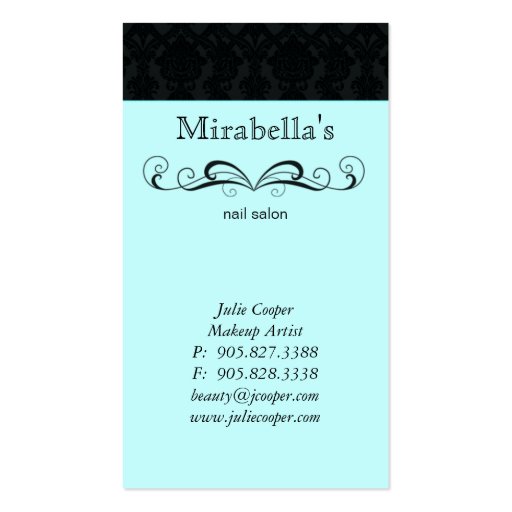 Trendy Business Card Damask Swirl Blue Black (back side)