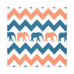 Trendy Chevron Elephants Coral Blue Stripe Pattern Stretched Canvas Print