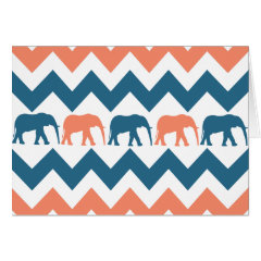 Trendy Chevron Elephants Coral Blue Stripe Pattern Greeting Cards