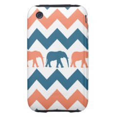 Trendy Chevron Elephants Coral Blue Stripe Pattern iPhone 3 Tough Cover