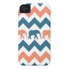 Trendy Chevron Elephants Coral Blue Stripe Pattern iPhone 4 Case-Mate Cases