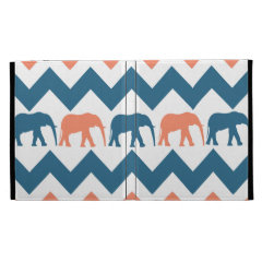 Trendy Chevron Elephants Coral Blue Stripe Pattern iPad Folio Covers