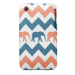 Trendy Chevron Elephants Coral Blue Stripe Pattern Case-Mate iPhone 3 Case