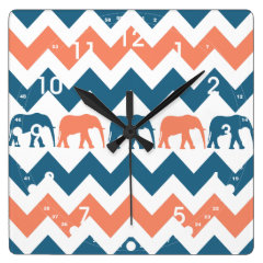 Trendy Chevron Elephants Coral Blue Stripe Pattern Clock