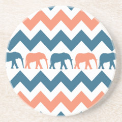 Trendy Chevron Elephants Coral Blue Stripe Pattern Beverage Coasters