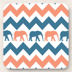 Trendy Chevron Elephants Coral Blue Stripe Pattern Coasters