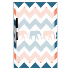 Trendy Chevron Elephants Coral Blue Stripe Pattern Dry Erase White Board