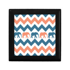 Trendy Chevron Elephants Coral Blue Stripe Pattern Jewelry Boxes
