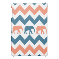 Trendy Chevron Elephants Coral Blue Stripe Pattern iPad Mini Cases