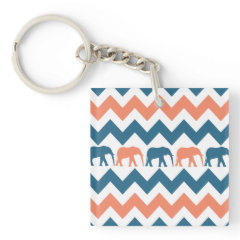 Trendy Chevron Elephants Coral Blue Stripe Pattern Square Acrylic Key Chain