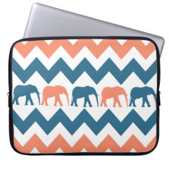 Trendy Chevron Elephants Coral Blue Stripe Pattern Laptop Computer Sleeves