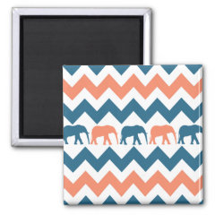 Trendy Chevron Elephants Coral Blue Stripe Pattern Fridge Magnet