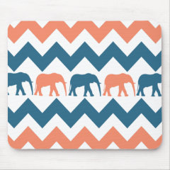 Trendy Chevron Elephants Coral Blue Stripe Pattern Mousepad