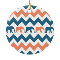 Trendy Chevron Elephants Coral Blue Stripe Pattern Christmas Ornament