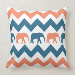 Trendy Chevron Elephants Coral Blue Stripe Pattern Throw Pillow