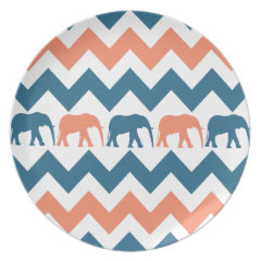 Trendy Chevron Elephants Coral Blue Stripe Pattern Plates