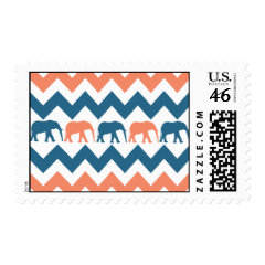Trendy Chevron Elephants Coral Blue Stripe Pattern Postage