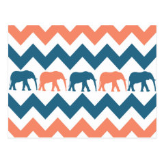 Trendy Chevron Elephants Coral Blue Stripe Pattern Postcards