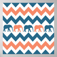 Trendy Chevron Elephants Coral Blue Stripe Pattern Posters