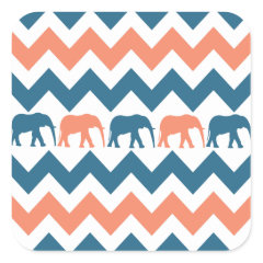 Trendy Chevron Elephants Coral Blue Stripe Pattern Square Sticker