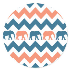 Trendy Chevron Elephants Coral Blue Stripe Pattern Round Sticker