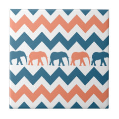 Trendy Chevron Elephants Coral Blue Stripe Pattern Ceramic Tile