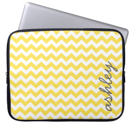 Trendy Chevron Pattern with name - yellow gray Laptop Computer Sleeves