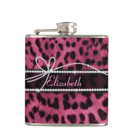 Trendy chic girly faux hot pink leopard animal fur hip flasks